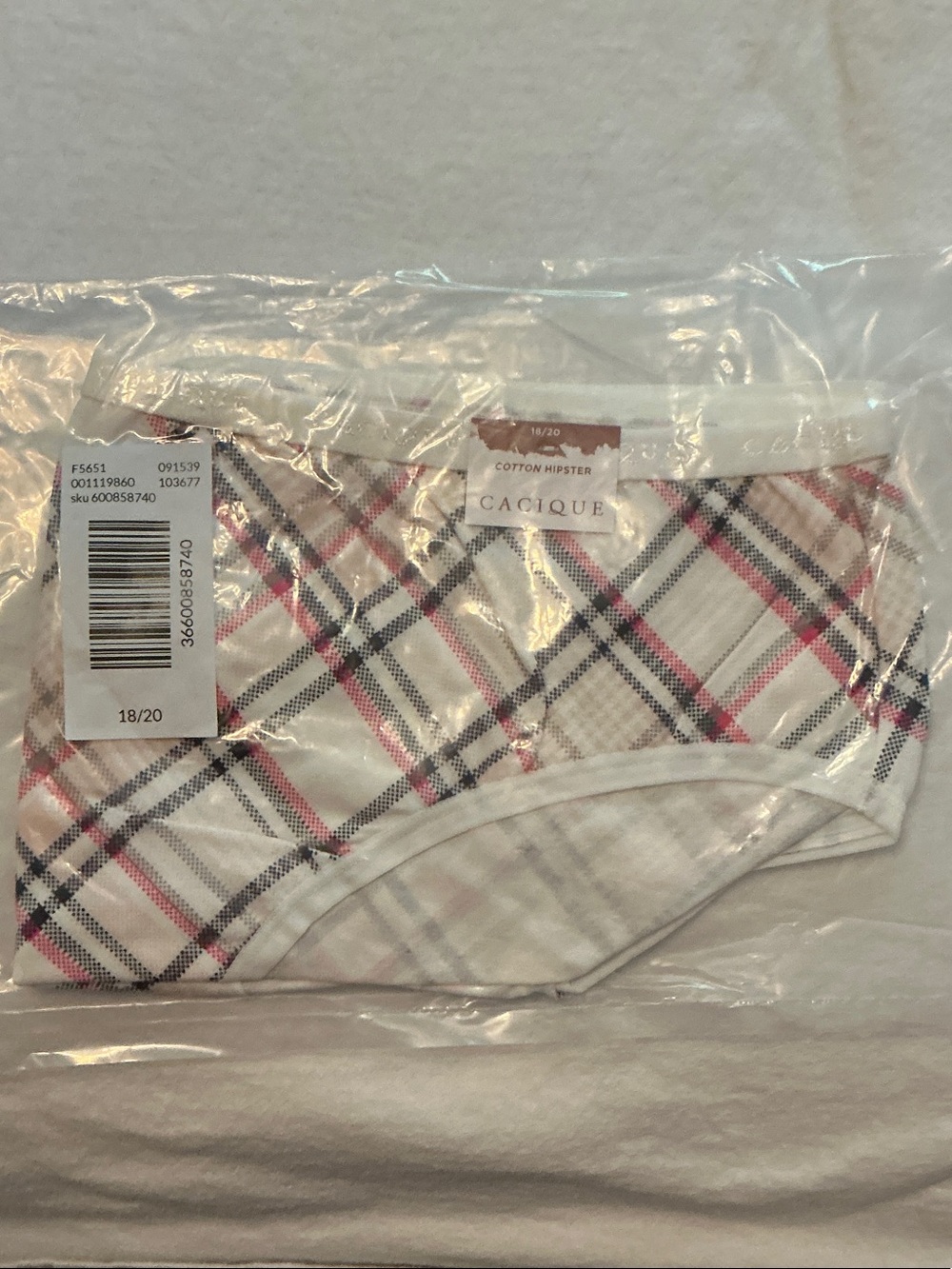 Cacique Plaid Cotton Hipster Panty in White, Pink & Black